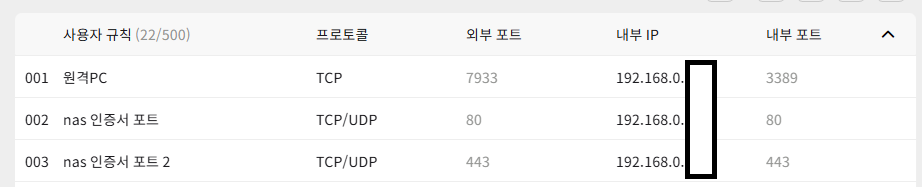 포트포워딩 설정 화면