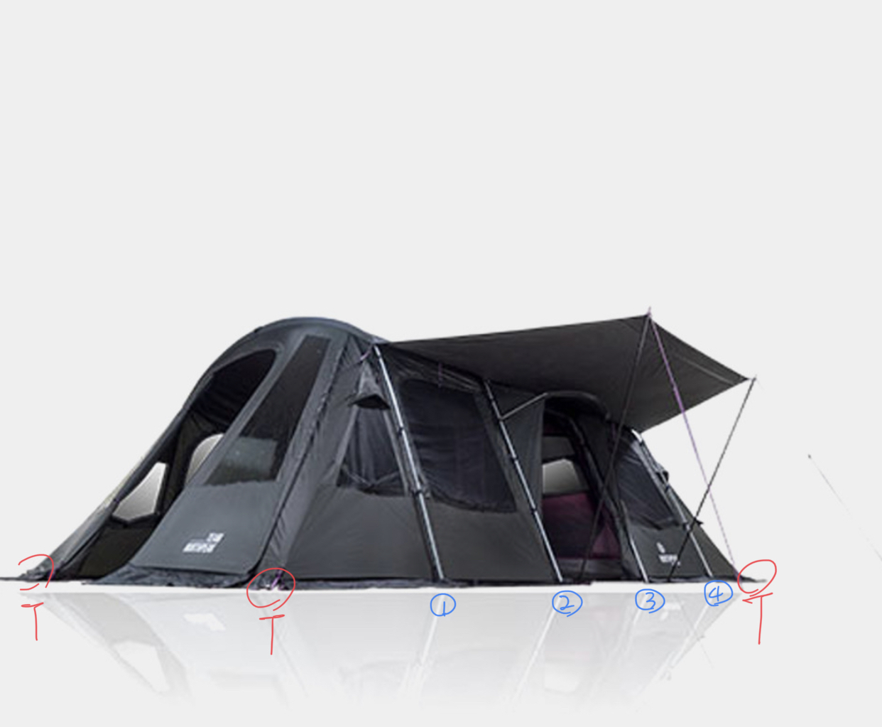 노스피크 퍼시픽오션 EX 팩다운 위치 — 4개 모서리 X자 방향 도식