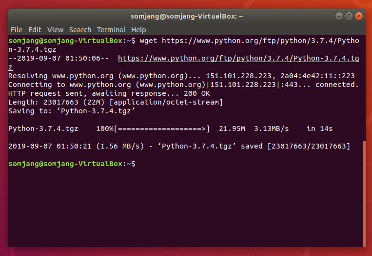 Ubuntu 터미널에서 wget 명령으로 Python-3.7.4.tgz 파일 다운로드가 완료된 화면