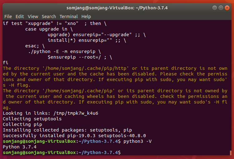 Ubuntu 터미널에서 python3 -V 명령으로 새로 설치한 Python 3.7.4 버전이 출력된 화면