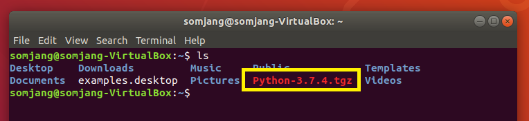 ls 명령으로 Python-3.7.4.tgz 파일이 현재 디렉터리에 존재함을 확인하는 터미널 화면