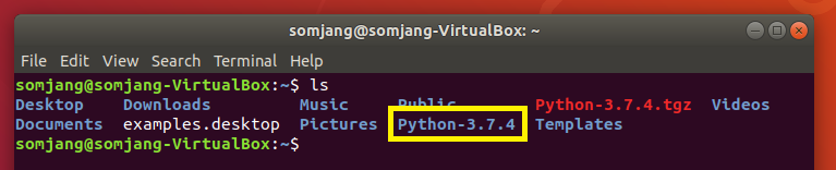 tar 압축 해제 후 ls 명령으로 Python-3.7.4 디렉터리가 생성된 것을 확인하는 터미널 화면