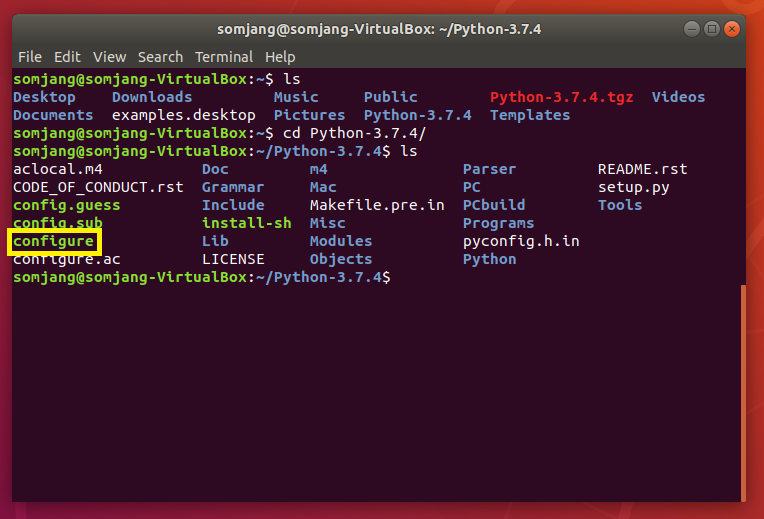 Python-3.7.4 디렉터리 내에서 ls 명령으로 configure 파일이 포함된 파일 목록을 확인하는 터미널 화면